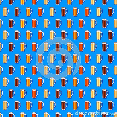 Seamless pattern with craft beer in beer mugs. Light beer, dark beer, ale, and lager in cartoon style. Beer day. Vector Vector Illustration