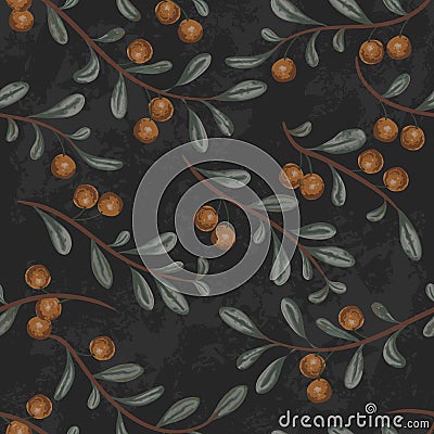 Seamless pattern with cranberry plant on black grunge background. Vector Illustration