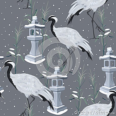 Seamless pattern with cranes and snow Vector Illustration