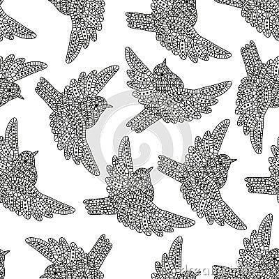 Seamless pattern with creative birds. Decorative sparrows. Good for wrapping, coloring books, cards, etc. Black and white colors. Vector Illustration