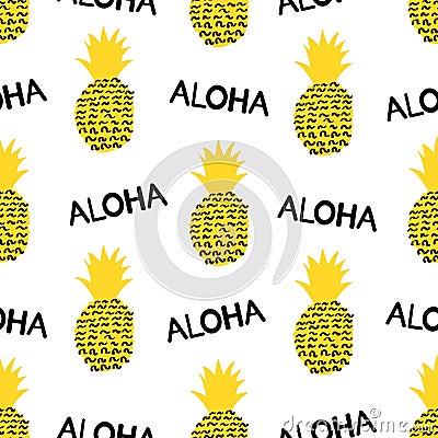 Seamless pattern with creative pineapple and word Aloha. Vector Illustration