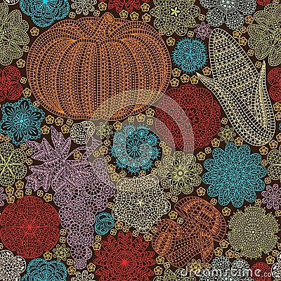 Seamless pattern with creative vegetables and flowers, decorative floral background Vector Illustration