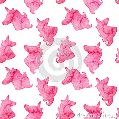 Seamless pattern with crimson unicorns. Watercolor pink silhouette of unicorns. Fantastic creature, mystical animal. Stock Photo