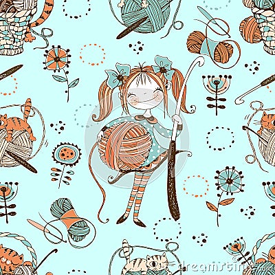 Seamless pattern on the crochet theme. Cute needlewoman with a crochet hook. Vector Vector Illustration