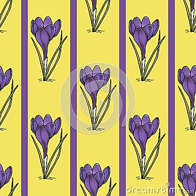 Seamless pattern with crocus illustration on illuminating yellow background with violet stripes, great design for any purposes. Cartoon Illustration