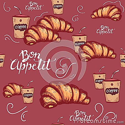 Seamless pattern of croissant with sesame on top a cup of coffee. bon appetit.vector illustration. vector background for bakery, c Vector Illustration