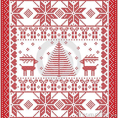 Seamless pattern in cross stitch with Christmas tree, snowflakes, gifts, reindeer, hearts and ornaments Vector Illustration