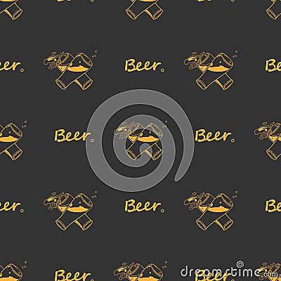 Seamless pattern crosshair craft Beer orange glass. Sketch ale goblets. Bar, pub old fashioned silhouettes. Drawing old fashioned Vector Illustration