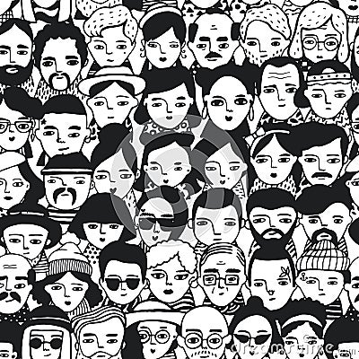 Seamless pattern of crowd different people, woman and man faces. Doodle portraits fashionable girls and guys. Trendy Vector Illustration