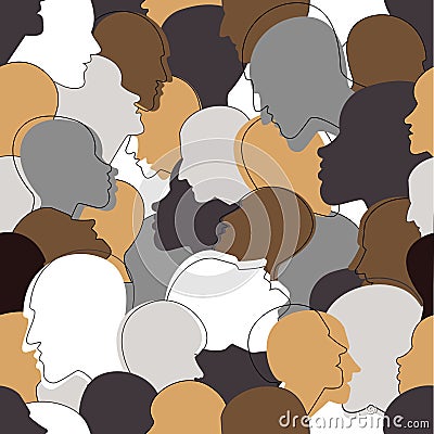 Seamless pattern of a crowd of many different people profile heads. Vector Illustration