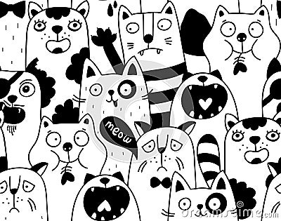 Seamless pattern with crowd of nlack and white cats. Vector Illustration