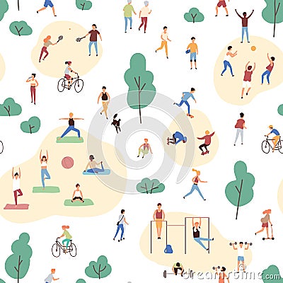 Seamless pattern with crowd of people performing healthy activities and playing sports games in park. Backdrop with Vector Illustration