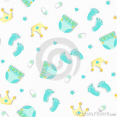 Seamless pattern with crown and print foot and diape Vector Illustration