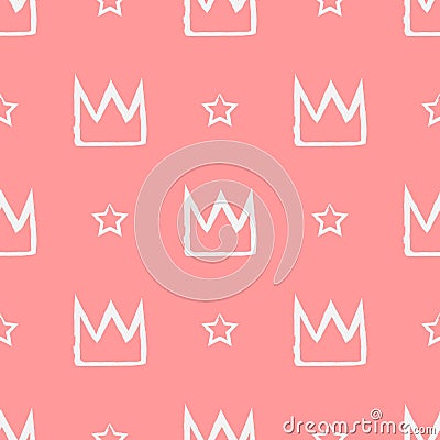 Seamless pattern with crowns and stars painted with a brush. Vector Illustration