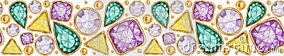 Seamless pattern Crystal in a gold frame and jewelry beads for banner. Hand drawn watercolor Gemstone diamond. Bright Stock Photo