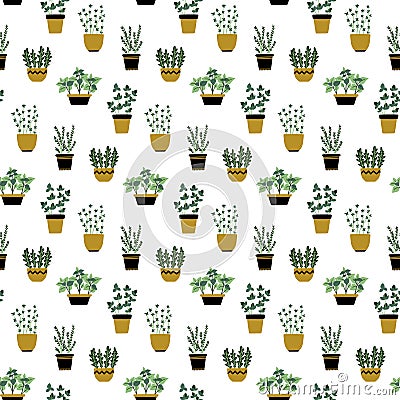 Seamless pattern with culinary herbs in pots. Vector Illustration