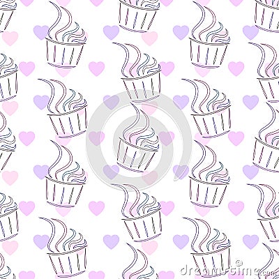Seamless pattern. Cupcake and heart. Vector Illustration