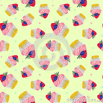 Seamless pattern with a cupcake with strawberries and blueberries and with pink cream. On a cream background. Muffin Stock Photo