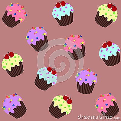 Vector seamless background with various cupcakes on a brown background. Cartoon Illustration