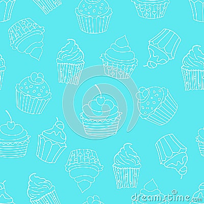 Seamless pattern with cupcakes on blue background. Sweet pattern. Vector illustration Vector Illustration