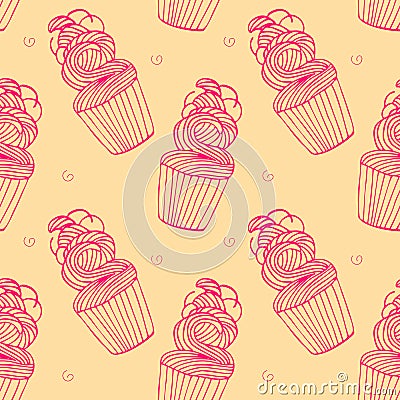 Seamless pattern with cupcakes in hand drawn retro style. Vector Illustration