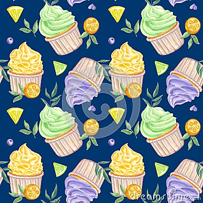 Seamless pattern cupcakes muffins multicolored sweet whipped cream. Lemon, lime, kumquat, blueberry, leaf. Hand drawn Cartoon Illustration