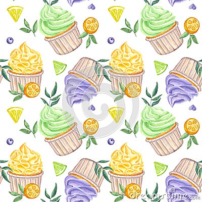 Seamless pattern cupcakes muffins multicolored sweet whipped cream. Lemon, lime, kumquat, blueberry, leaf. Hand drawn Cartoon Illustration