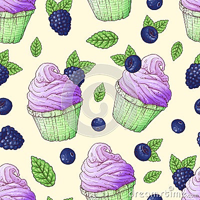 Seamless pattern cupcakes strawberry raspberry cherry. Hand drawing. Vector illustration Stock Photo