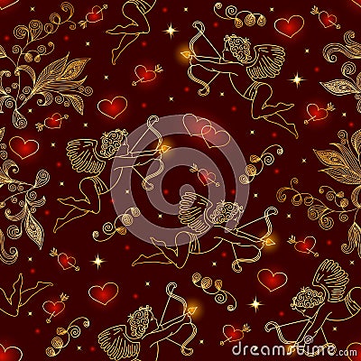Seamless pattern with cupids and hearts Vector Illustration