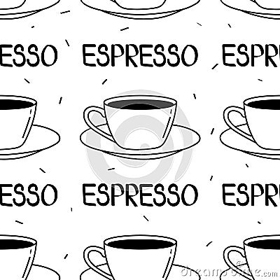 Seamless pattern with cups of coffee. Black and white background, espresso Vector Illustration