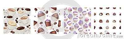 Seamless pattern with cups of coffee, sweet muffins and chocolate Vector Illustration