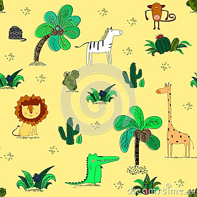 Seamless pattern with cute african animals and tropical plants. Vector Illustration