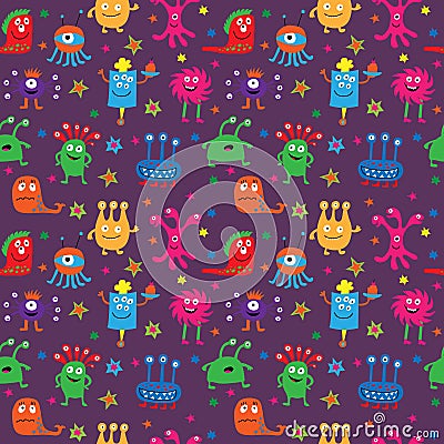 Seamless pattern with cute aliens on a violet background Vector Illustration