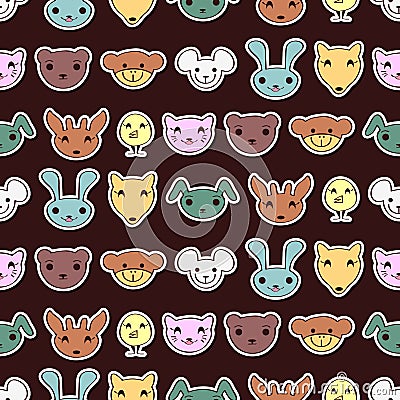 Seamless pattern with cute animal faces Vector Illustration