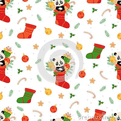 Seamless pattern with cute animal panda in Christmas sock with gift, gingerbread and Christmas balls on white background Vector Illustration