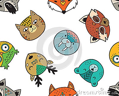 Seamless pattern of cute animal portraits Vector Illustration