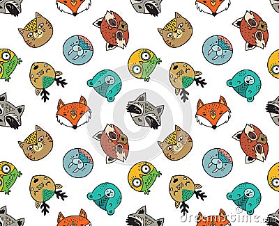 Seamless pattern of cute animal portraits Vector Illustration