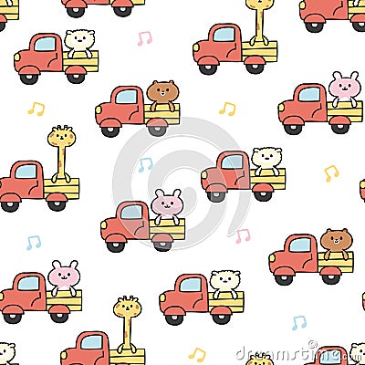 Seamless pattern of cute animal sit on truck with music note on white background Vector Illustration