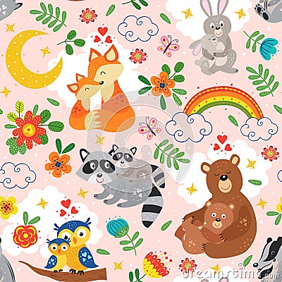 Seamless pattern with cute animals mother and baby on pink background Vector Illustration