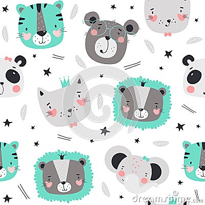 Seamless pattern with cute animals in Scandinavian style. Vector Illustration