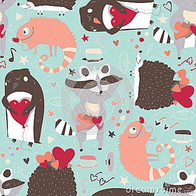 Seamless pattern with cute animals such as raccoon, iguana and hedgehog and penguin with hearts, decorated with doodle star Cartoon Illustration