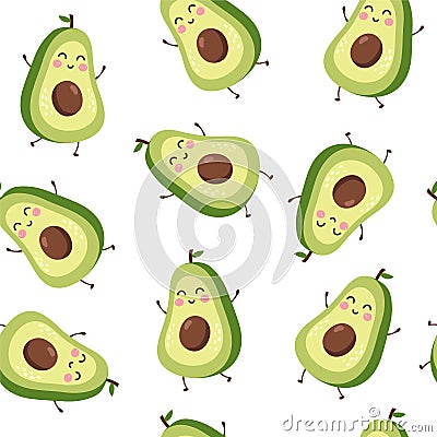 Seamless pattern with Cute Avocado Smile. Vector illustrations Vector Illustration