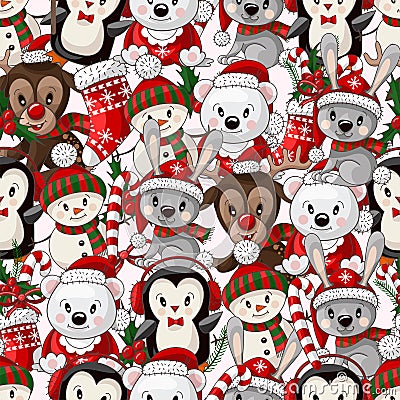 Seamless pattern with cute baby animals on Christmas wear. Vector. Vector Illustration