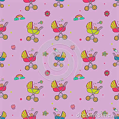 Seamless pattern with cute baby carriages. Vector Illustration