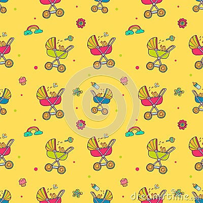 Seamless pattern with cute baby carriages. Vector Illustration