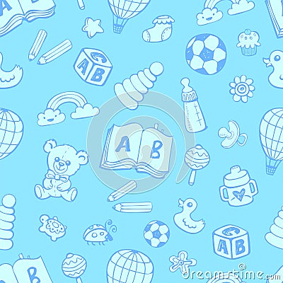 Seamless pattern with cute baby toys. Vector Illustration