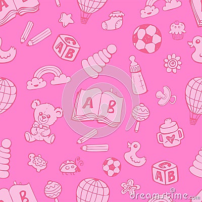 Seamless pattern with cute baby toys. Vector Illustration