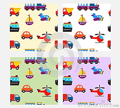 Seamless pattern with cute baby transport toys Vector Illustration