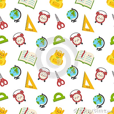 Seamless pattern with cute backpack, globe, book, protractor. back to school Vector Illustration