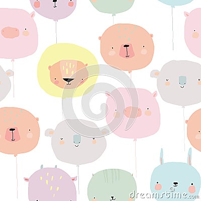 Seamless Pattern with Cute Balloon Faces Animals Vector Illustration